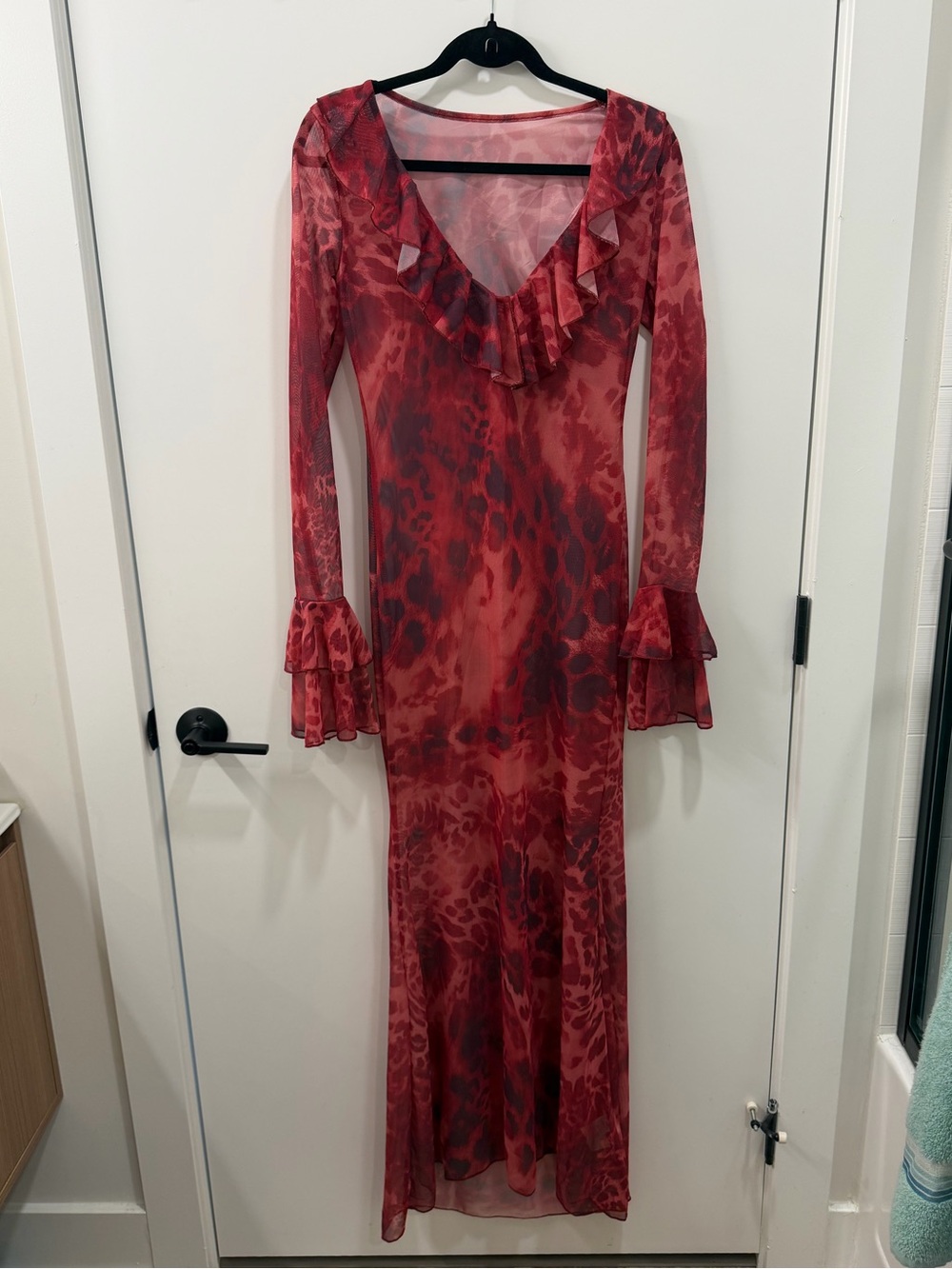 SHEIN Red Semi-Sheer Ruffle V-Neck Maxi Dress